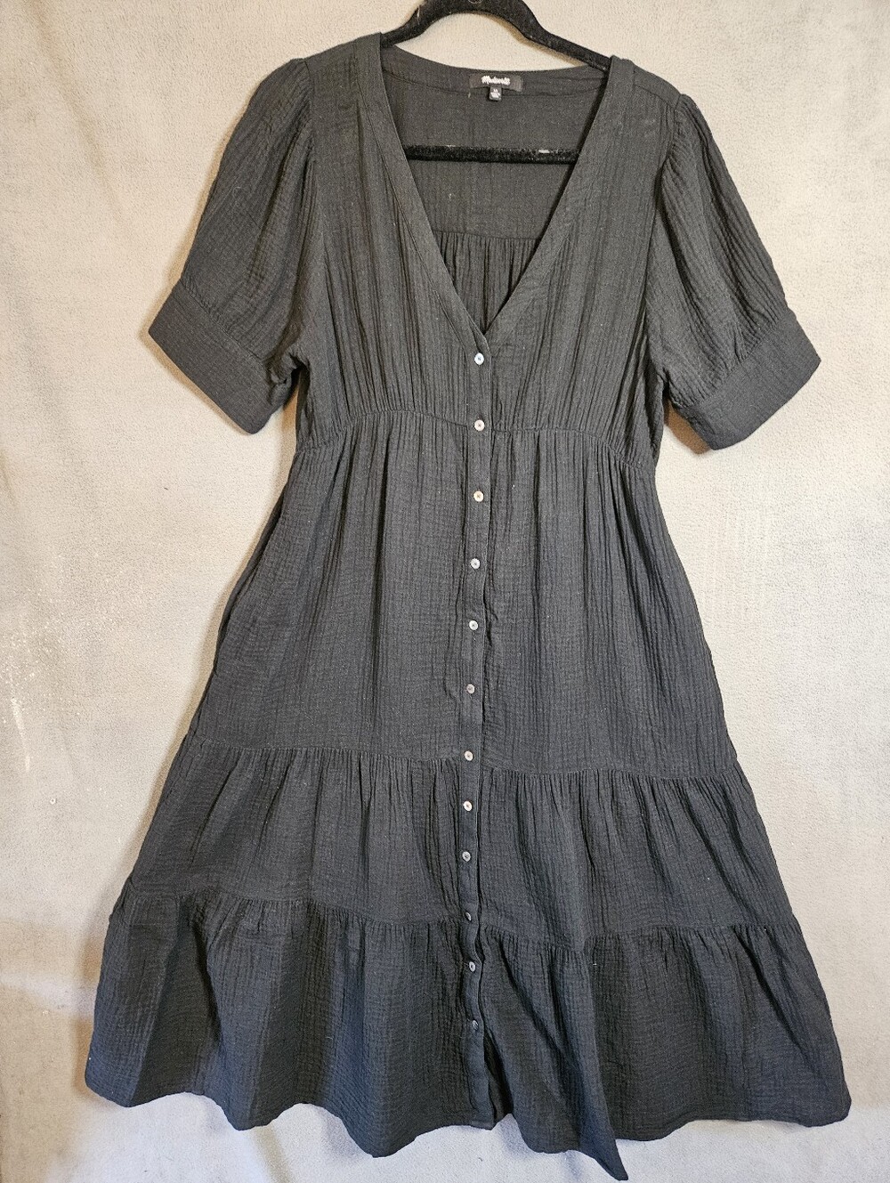 Madewell Dress Womens 12 Black Cotton Maxi Button Front Puff Sleeve Tiered